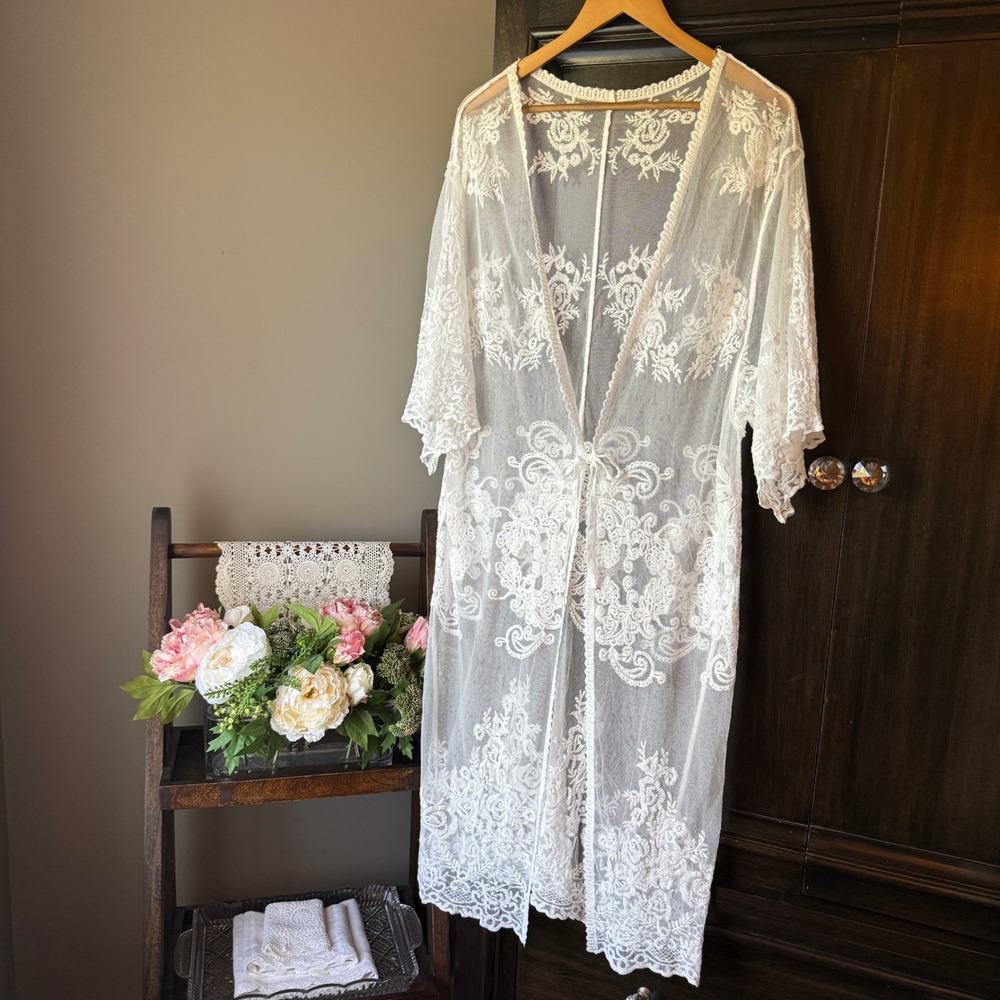 White Lace Boho Kimono Sheer Duster One‎ Size Festival Cover Up Whimsy